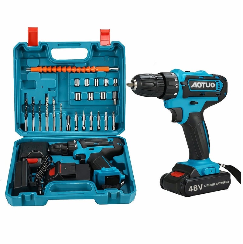 AOTUO 48V cordless drill, two lithium-ion batteries and fast charger, 3/8-inch drill kit, 25+ 3-position clutch, LED work light, variable speed drill, 256 pounds of torque, 24 accessories - Image 4
